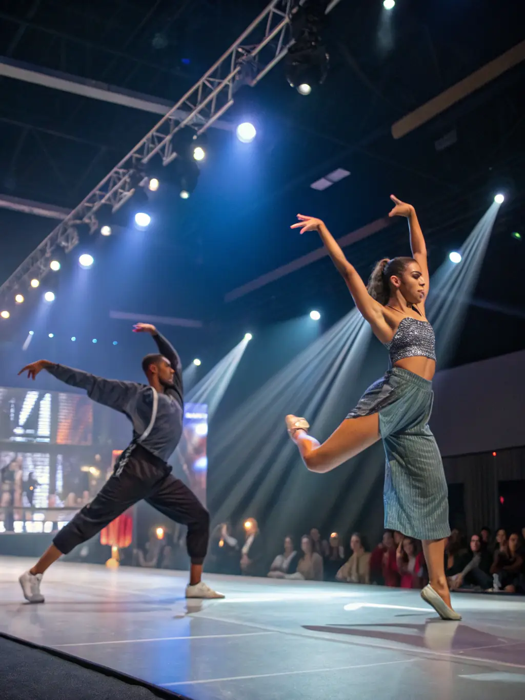 A vibrant photograph capturing a live artistic performance by Compagnie Le Dithyrambe, showcasing dancers in colorful costumes on a brightly lit stage, with an enthusiastic audience in the background.