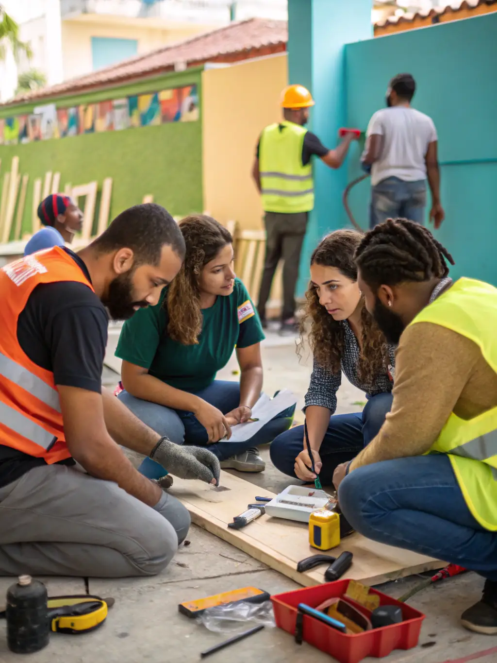A photo of a community outreach event organized by Compagnie Le Dithyrambe, showing volunteers and participants collaborating on a public art project, with smiles and enthusiasm.