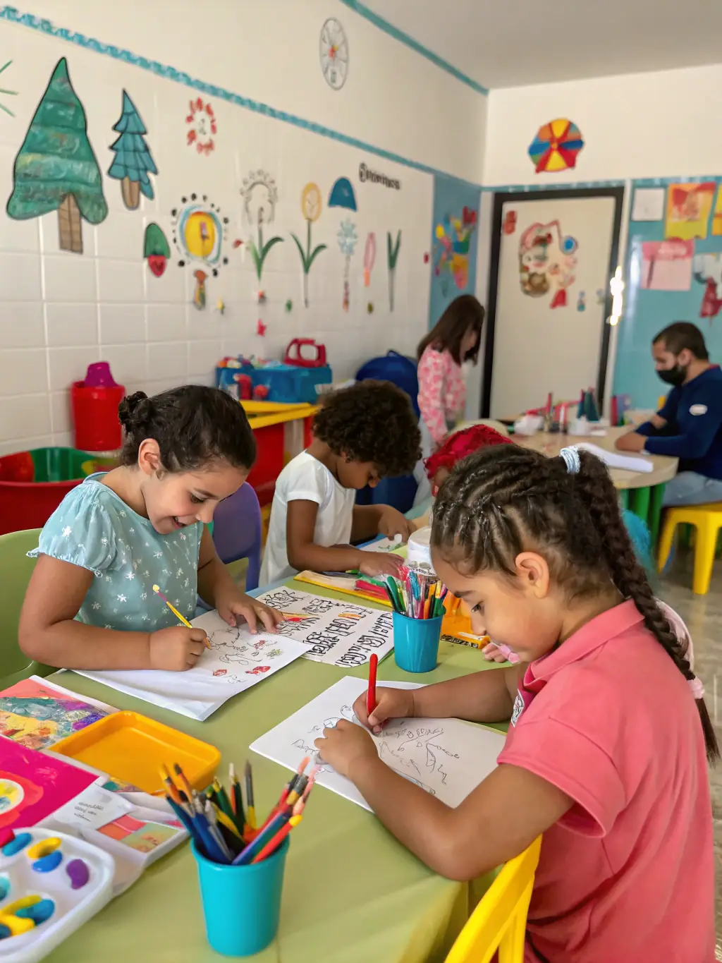 A photograph of an artistic education program by Compagnie Le Dithyrambe, showing children and adults participating in a painting workshop, with an instructor guiding them.