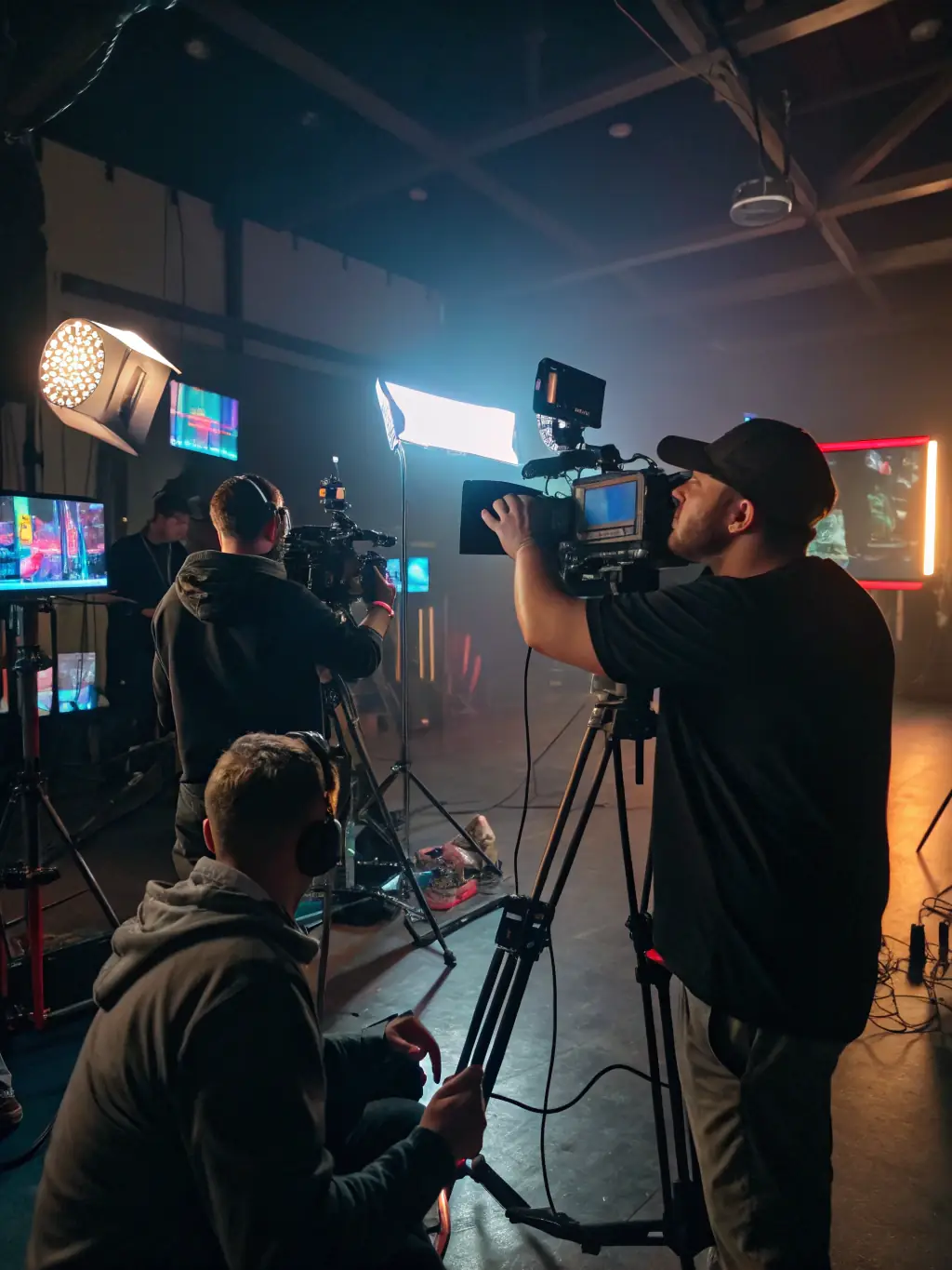 A photo of a multimedia distribution project by Compagnie Le Dithyrambe, showing a team working on a video production, with cameras, lights, and editing equipment visible.