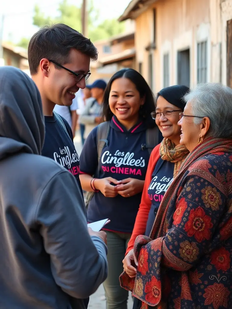 A photo of a community outreach program, showing volunteers from Les Cinglés du Cinéma engaging with local residents in a film-related activity.