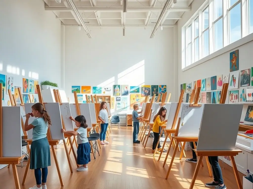 A vibrant image depicting participants actively engaged in an art course, with easels, paintbrushes, and colorful canvases visible, set in a well-lit studio environment.