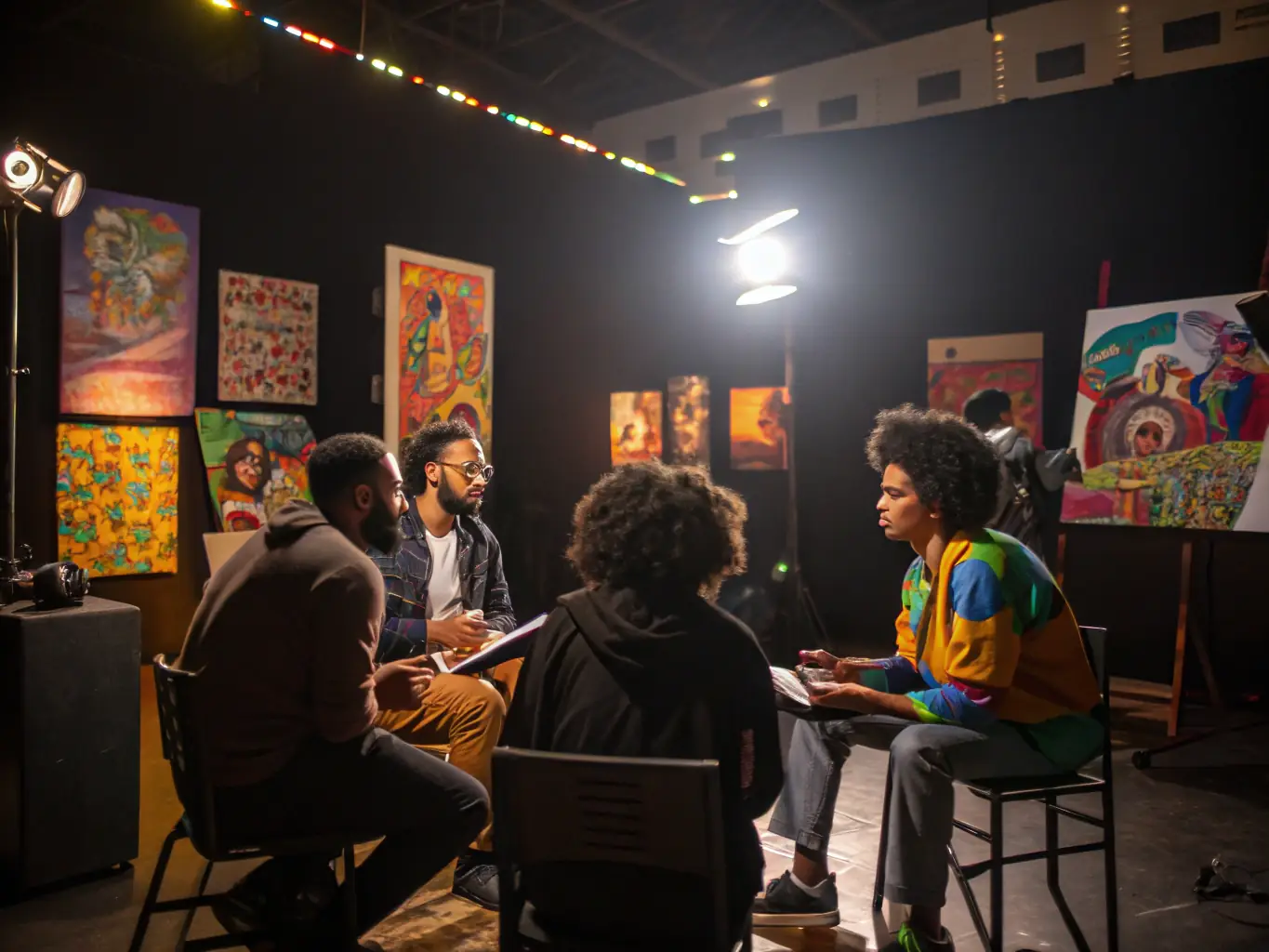 A dynamic photograph capturing a panel discussion with artists during a DE VIP ART'S - DE VAS cultural conference, highlighting the intellectual exchange and community engagement.