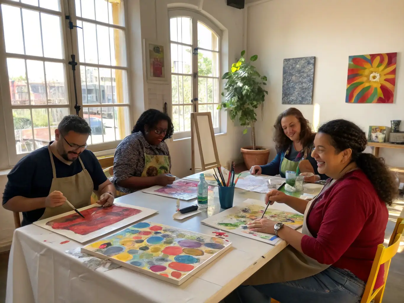 A vibrant image depicting participants actively engaged in a painting workshop, showcasing the hands-on learning experience and creative atmosphere of DE VIP ART'S - DE VAS art courses.