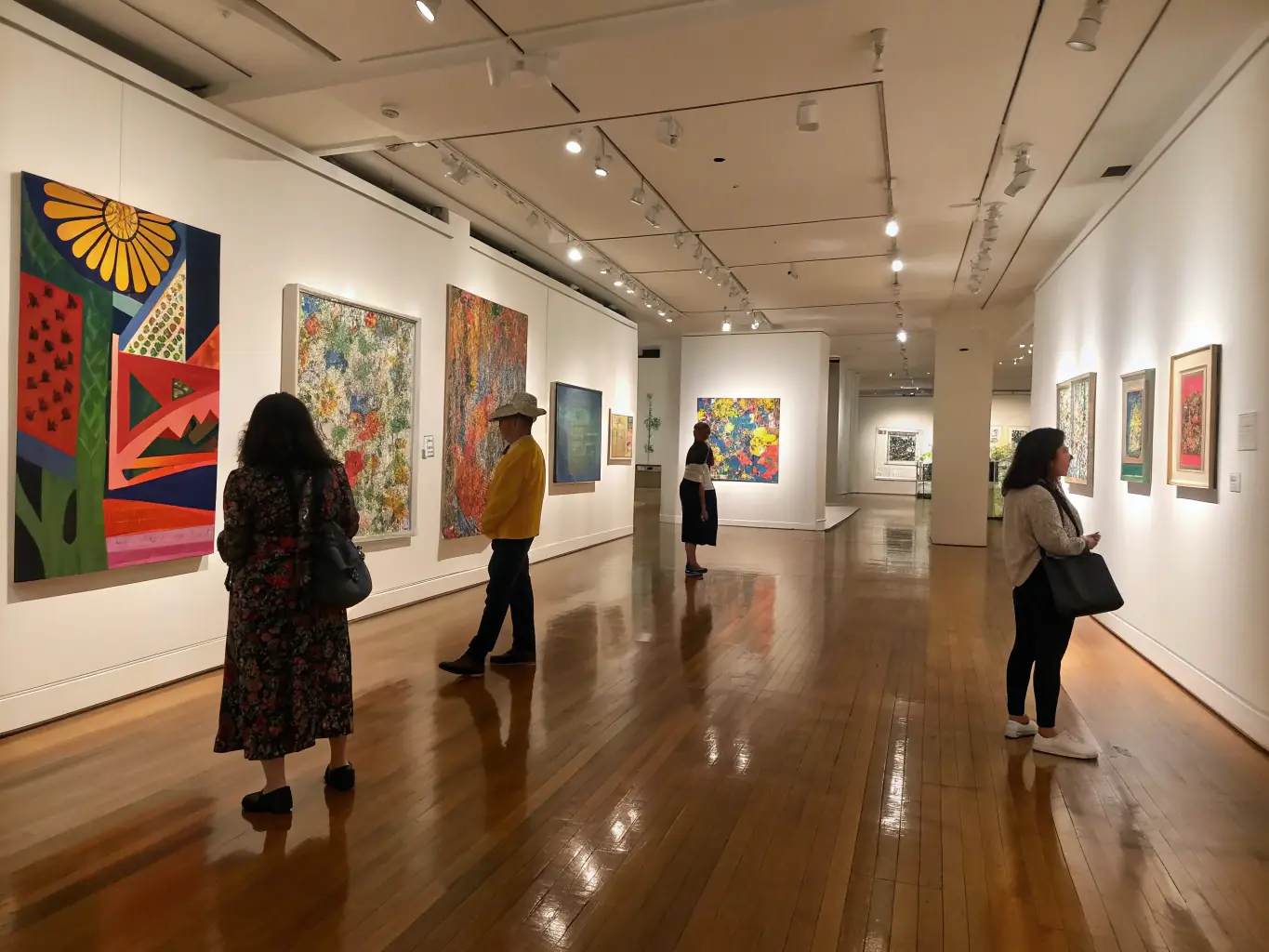 A captivating image showcasing an art exhibition, with various artworks on display, visitors admiring the pieces, and artists interacting with the audience.