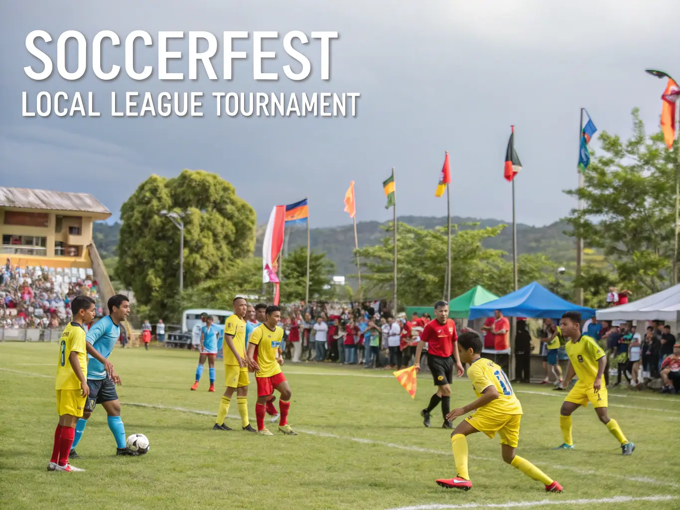 A festive image of a community event and tournament organized by FCP FOOTBALL CLUB DE PAMIERS, showcasing the participation of various age groups and the celebratory atmosphere. Families and friends are enjoying the activities together.