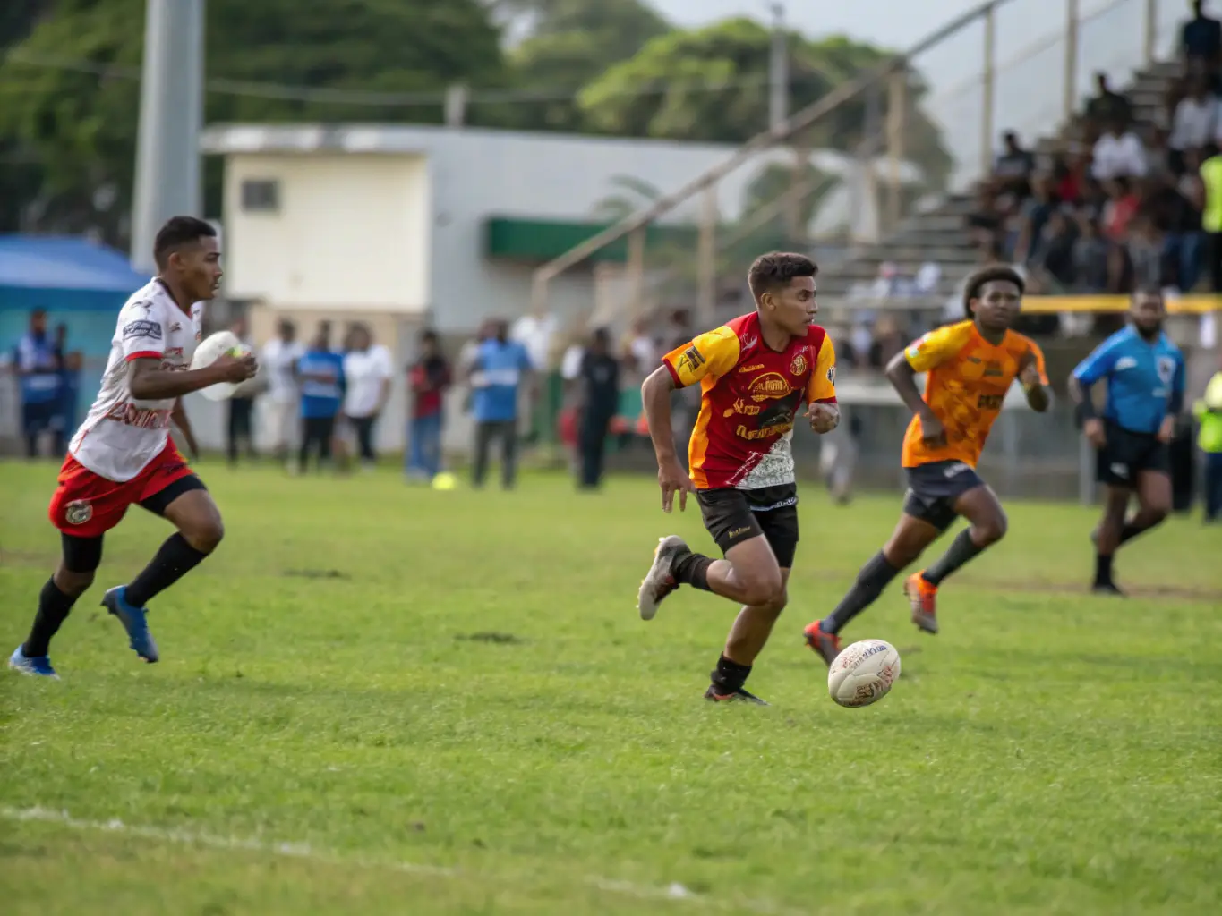 An action-packed image of adult players competing in a football league match, highlighting the camaraderie and competitive spirit of FCP Football Club de Pamiers.