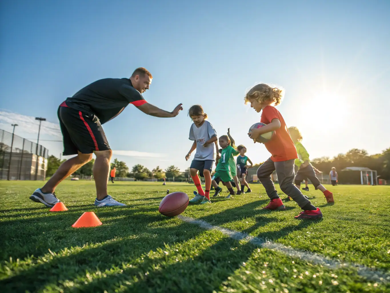A vibrant image of young children participating in a football training session, showcasing their enthusiasm and engagement with the sport. The coach is actively involved, providing guidance and encouragement.