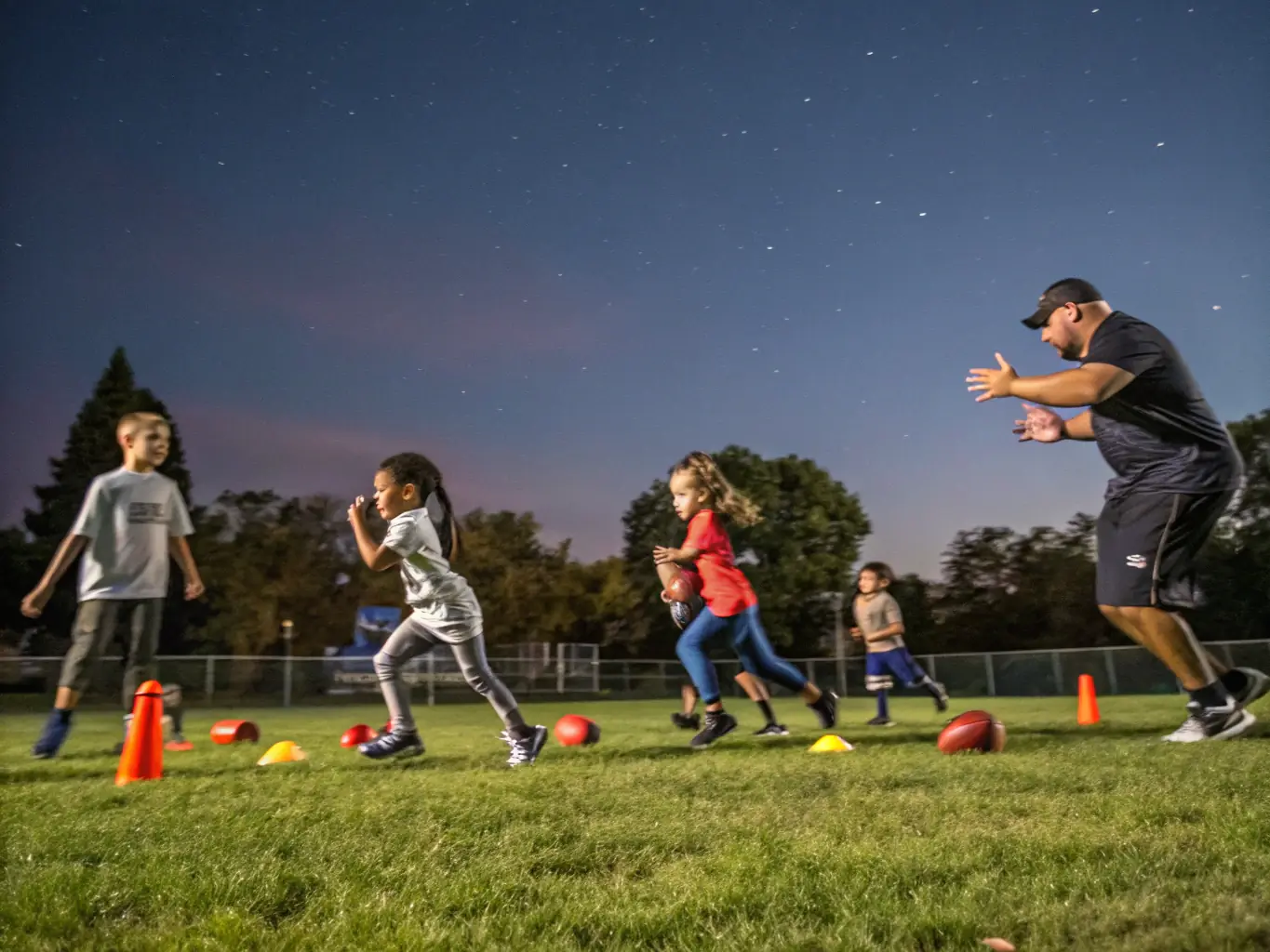 A vibrant image of young football players in FCP Football Club de Pamiers, engaged in a training session, showcasing teamwork and skill development under the guidance of a coach.